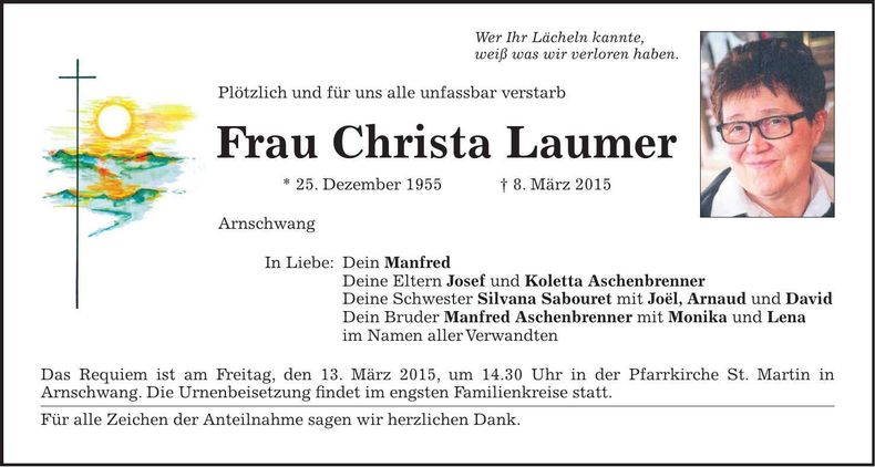 Traueranzeige Christa Laumer