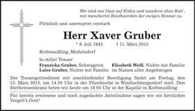 Traueranzeige Xaver Gruber