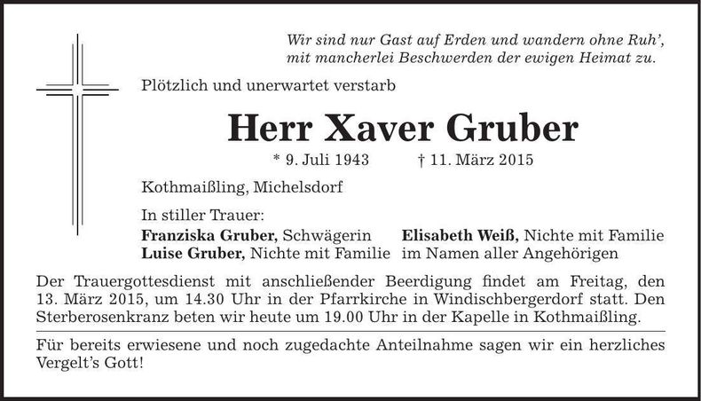 Traueranzeige Xaver Gruber