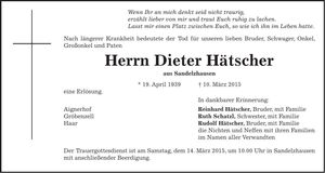 Traueranzeige Dieter Hätscher