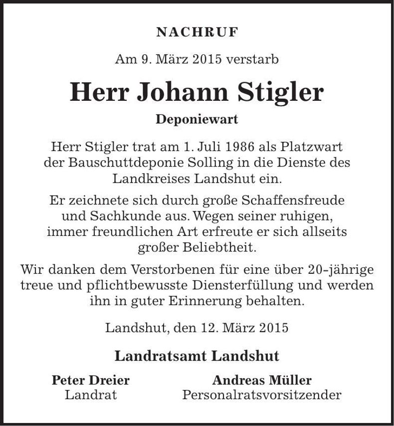 Traueranzeige Johann Stigler