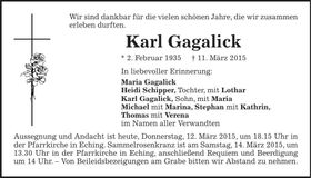 Traueranzeige Karl Gagalick