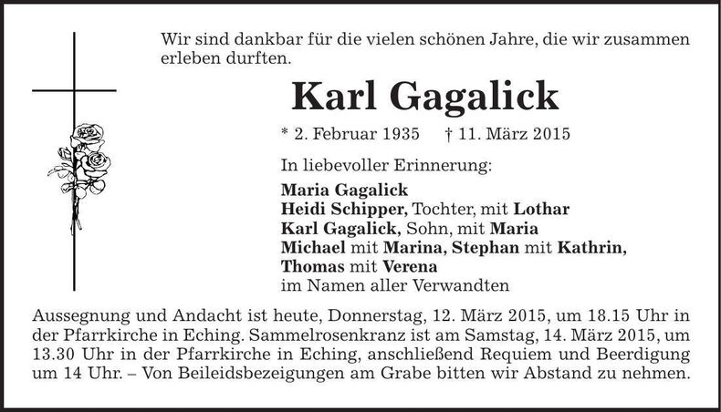 Traueranzeige Karl Gagalick