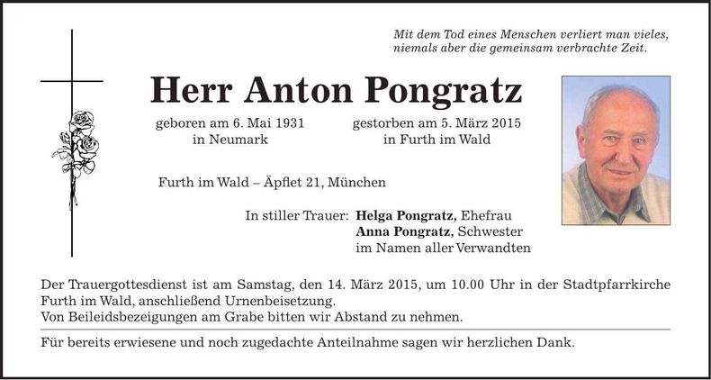 Traueranzeige Anton Pongratz