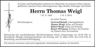 Traueranzeige Thomas Weigl