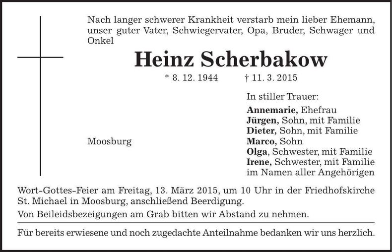 Traueranzeige Heinz Scherbakow