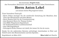 Traueranzeige Anton Lehrl