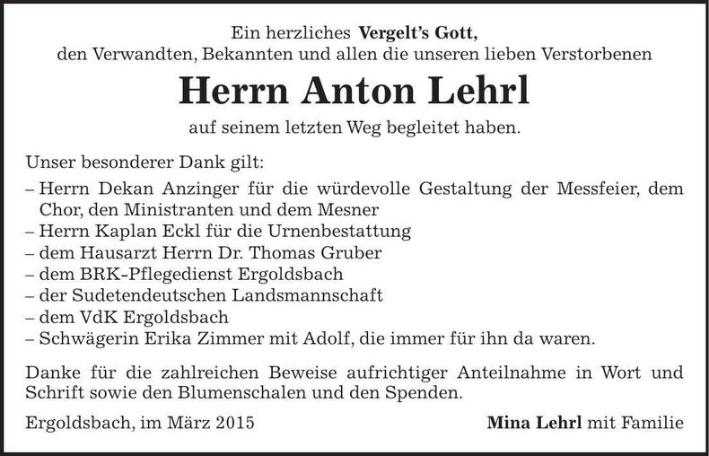 Traueranzeige Anton Lehrl