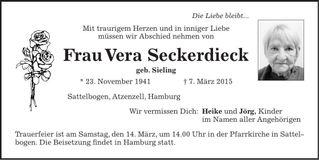 Traueranzeige Vera Seckerdieck