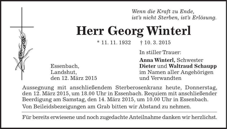 Traueranzeige Georg Winterl