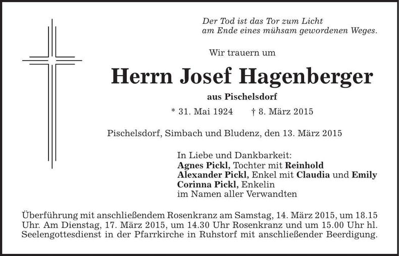 Traueranzeige Josef Hagenberger