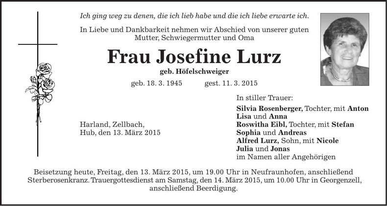 Traueranzeige Josefine Lurz