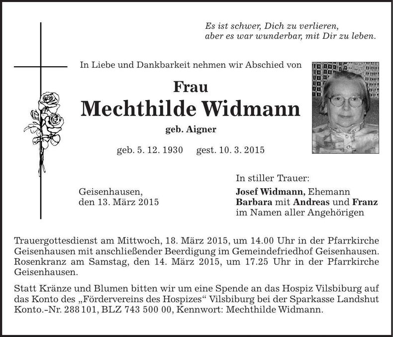 Traueranzeige Mechthilde Widmann
