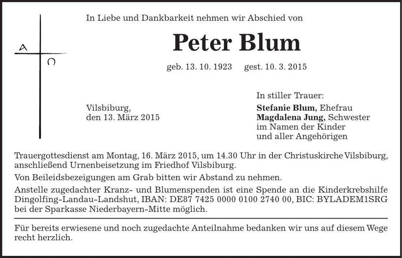 Traueranzeige Peter Blum