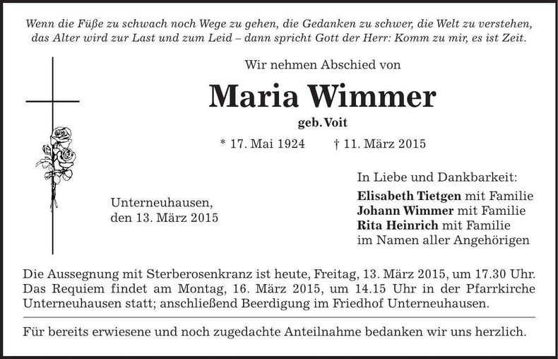 Traueranzeige Maria Wimmer