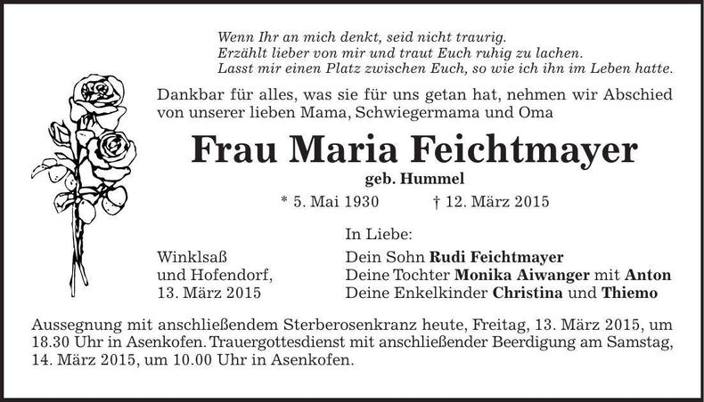 Traueranzeige Maria Feichtmayer