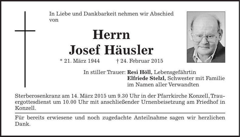 Traueranzeige Josef Häusler