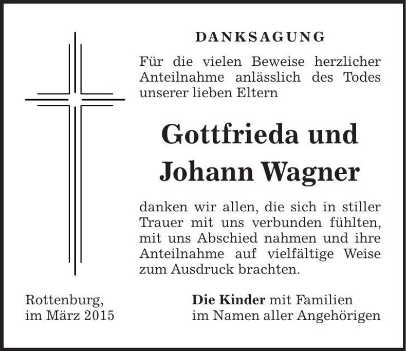 Traueranzeige Gottfrieda und Johann Wagner