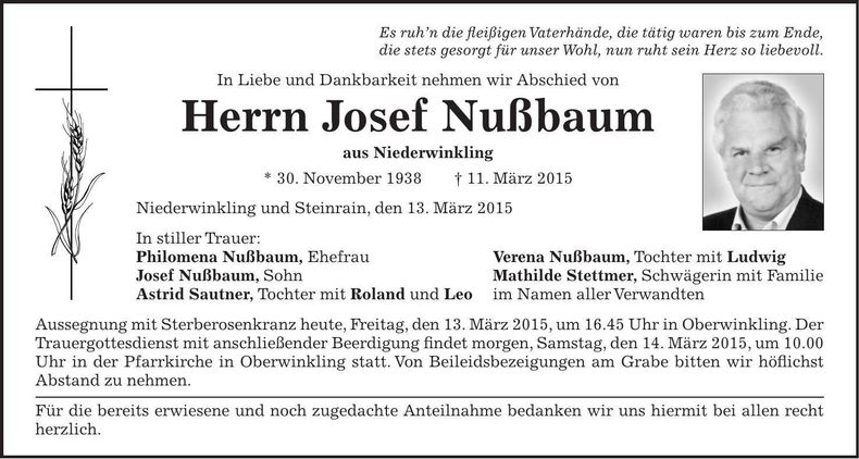 Traueranzeige Josef Nußbaum