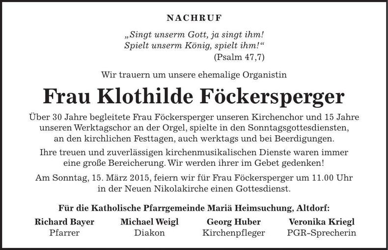 Traueranzeige Klothilde Föckersperger