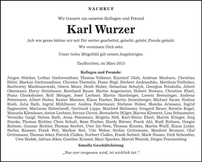 Traueranzeige Karl Wurzer