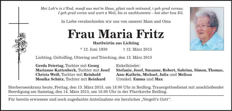 Traueranzeige Maria Fritz