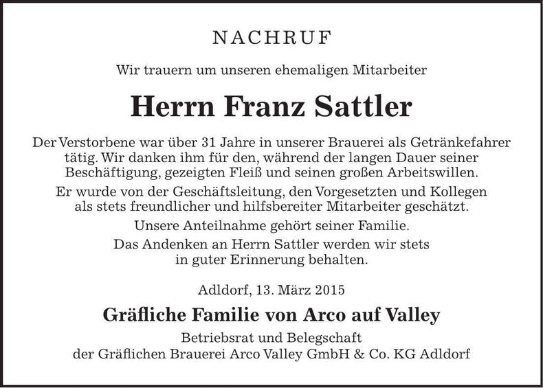 Traueranzeige Franz Sattler