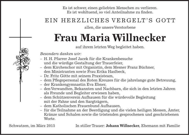 Traueranzeige Maria Willnecker