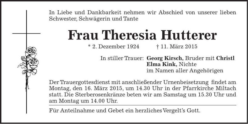 Traueranzeige Theresia Hutterer