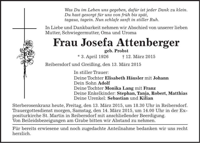 Traueranzeige Josefa Attenberger