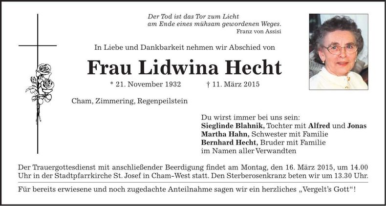 Traueranzeige Lidwina Hecht