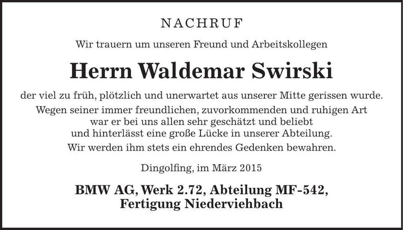 Traueranzeige Waldemar Swirski