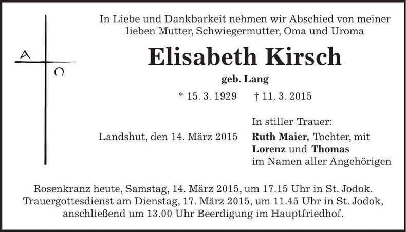 Traueranzeige Elisabeth Kirsch