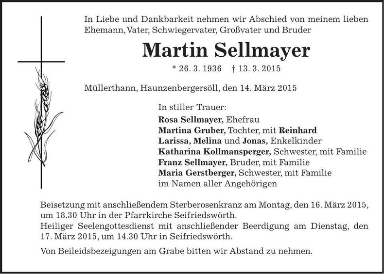 Traueranzeige Martin Sellmayer