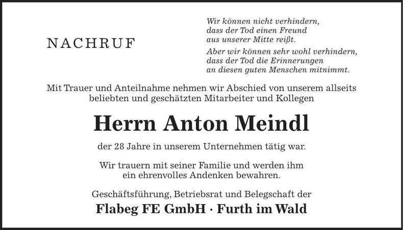 Traueranzeige Anton Meindl