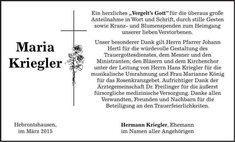 Traueranzeige Maria Kriegler
