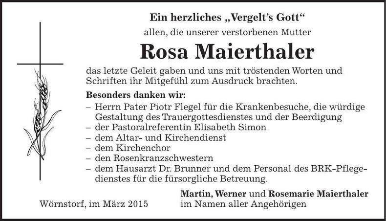 Traueranzeige Rosa Maierthaler