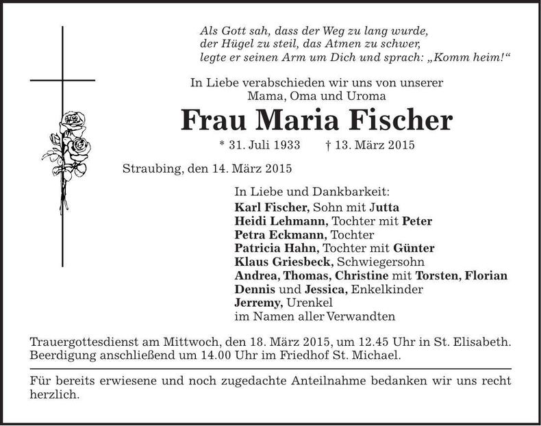 Traueranzeige Maria Fischer
