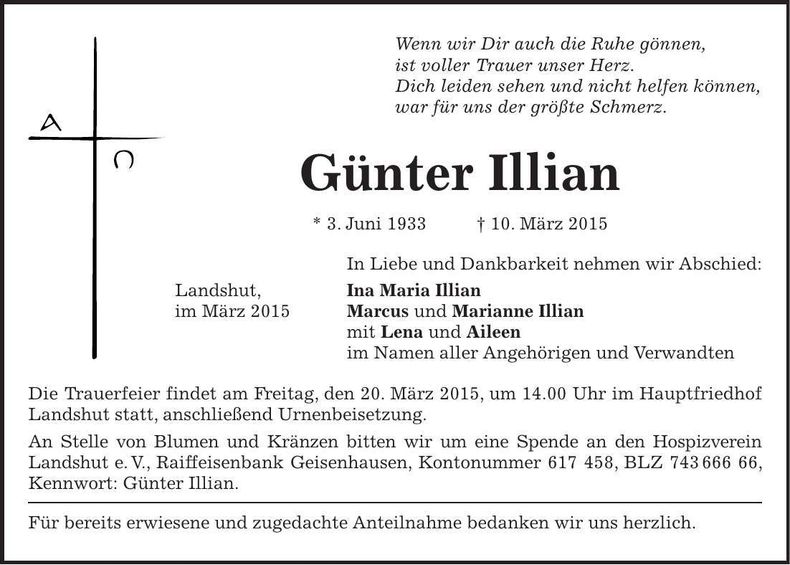Traueranzeige Günter Illian