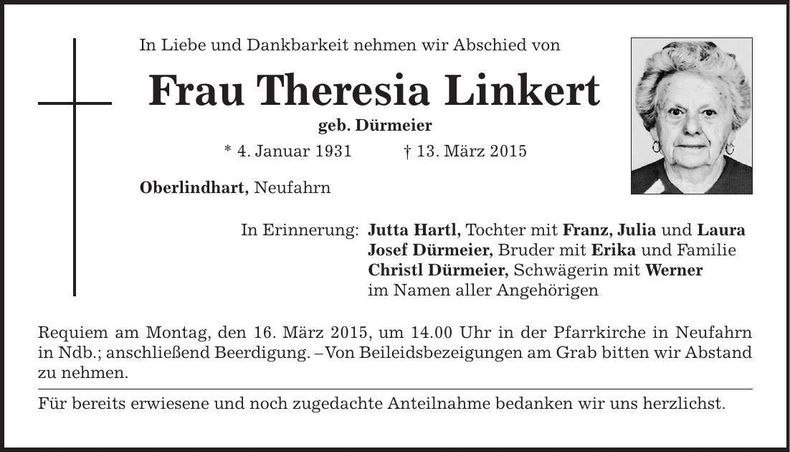 Traueranzeige Theresia Linkert