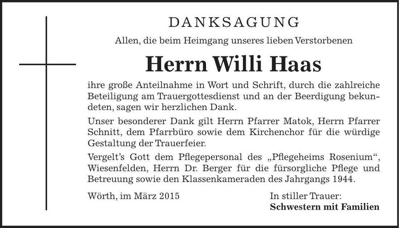 Traueranzeige Willi Haas
