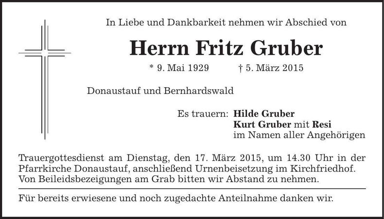 Traueranzeige Fritz Gruber