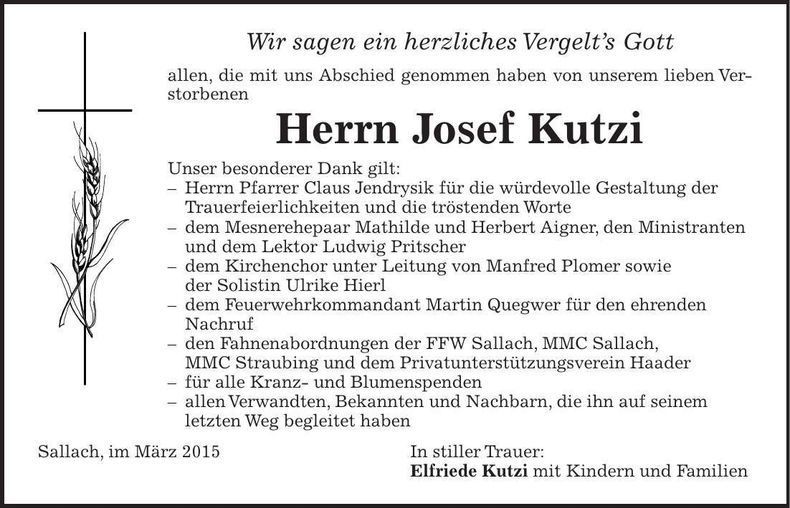 Traueranzeige Josef Kutzi