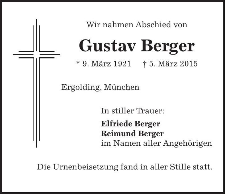 Traueranzeige Gustav Berger