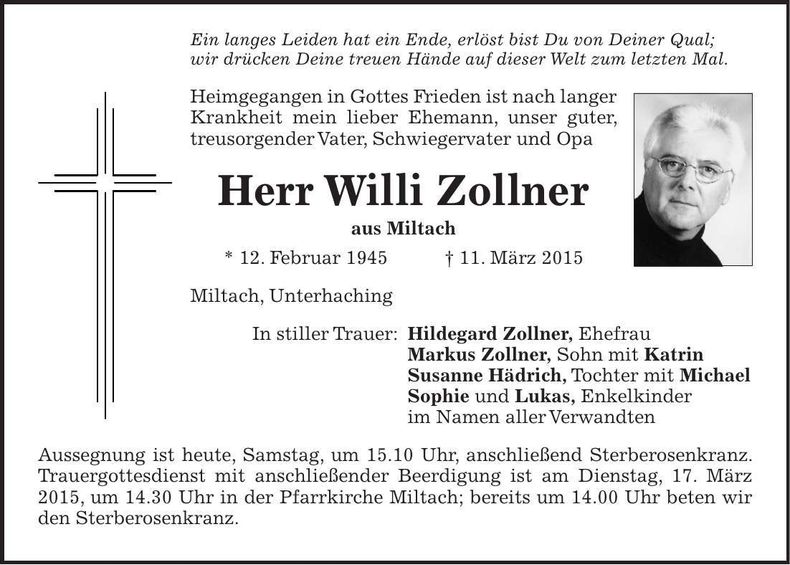 Traueranzeige Willi Zollner