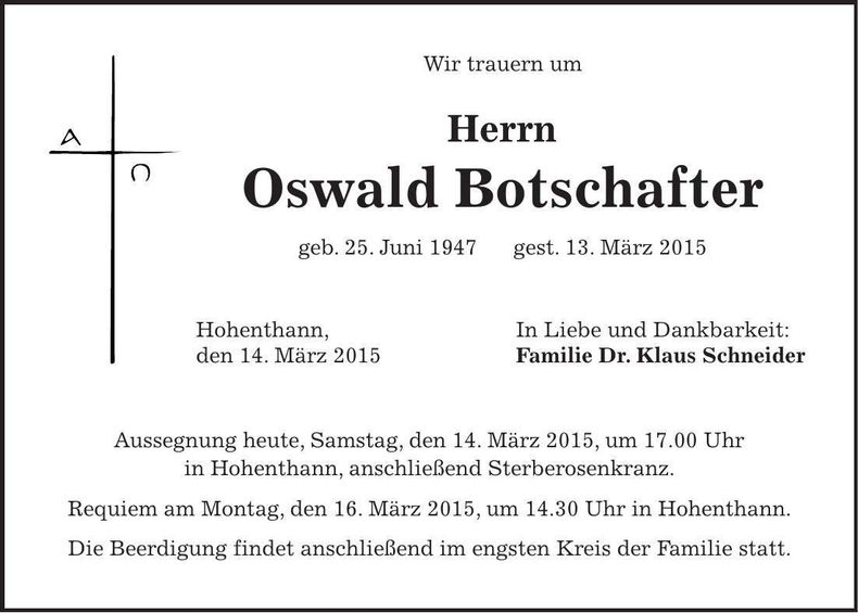 Traueranzeige Oswald Botschafter