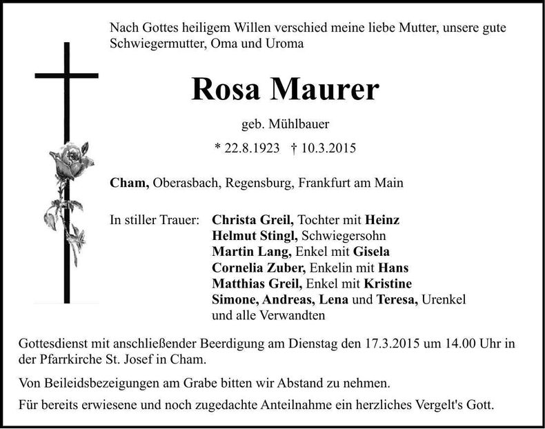 Traueranzeige Rosa Maurer