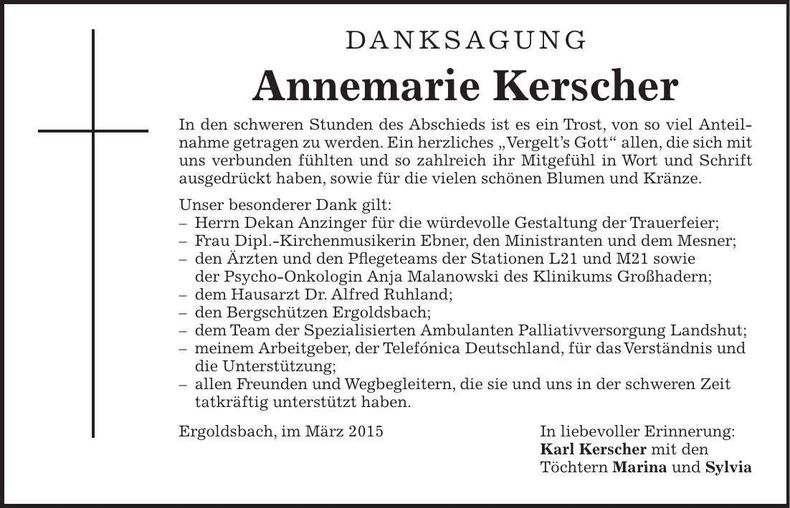 Traueranzeige Annemarie Kerscher