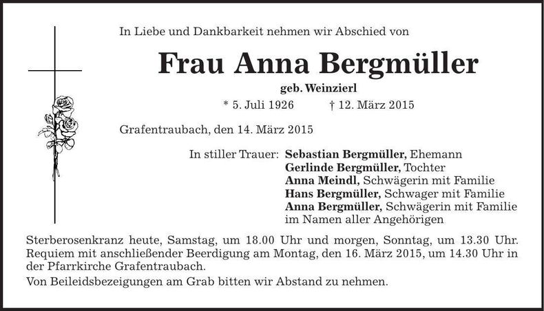 Traueranzeige Anna Bergmüller
