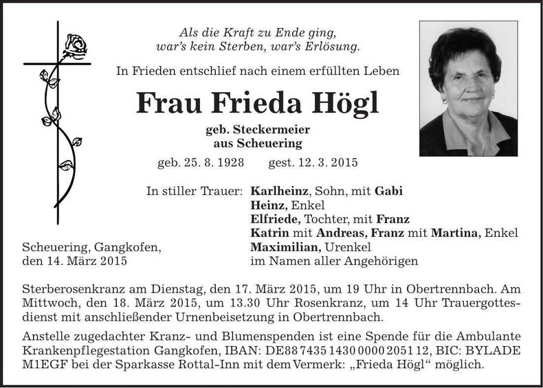 Traueranzeige Frieda Högl